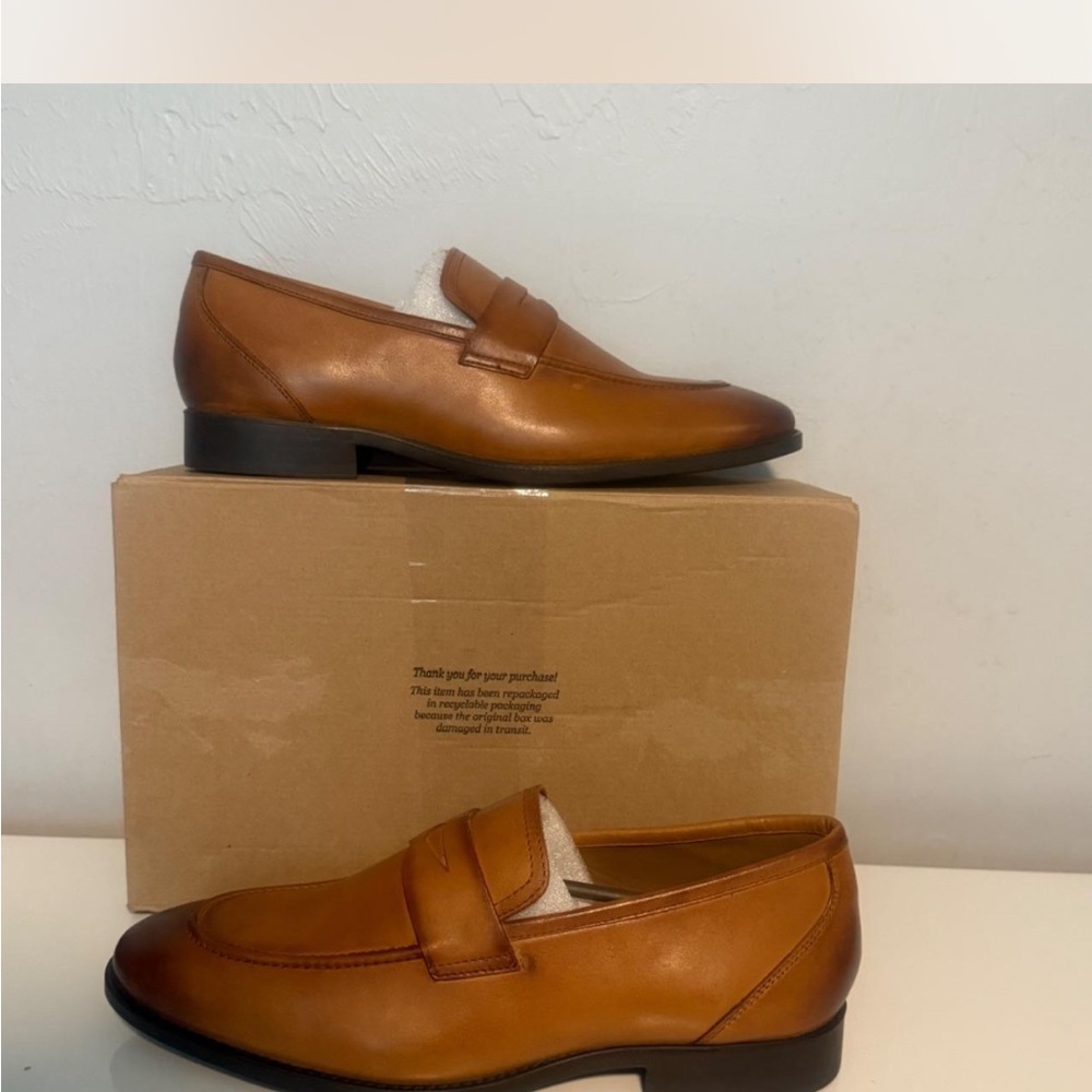 Thomas & Vine Tan Leather Penny Loafers Burnished Apron Toe Slip On Dress Shoes